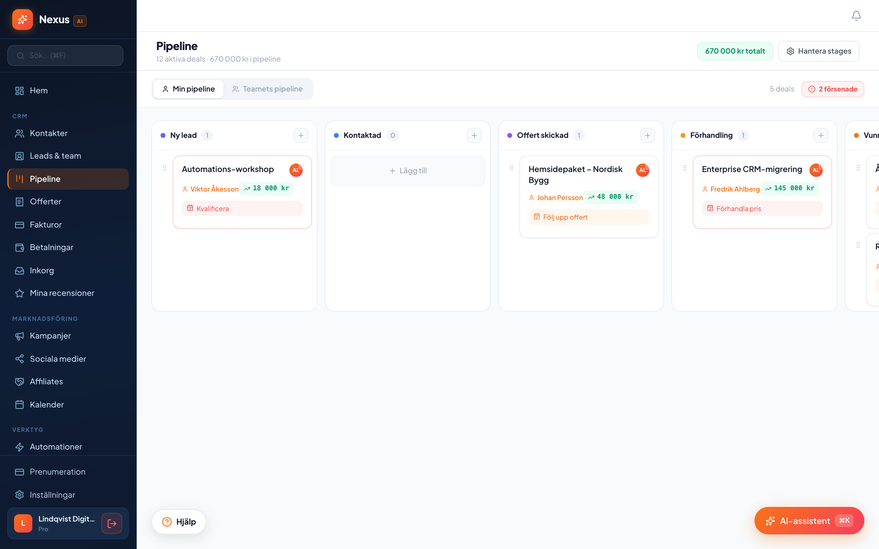 Säljpipeline — kanban med drag-and-drop
