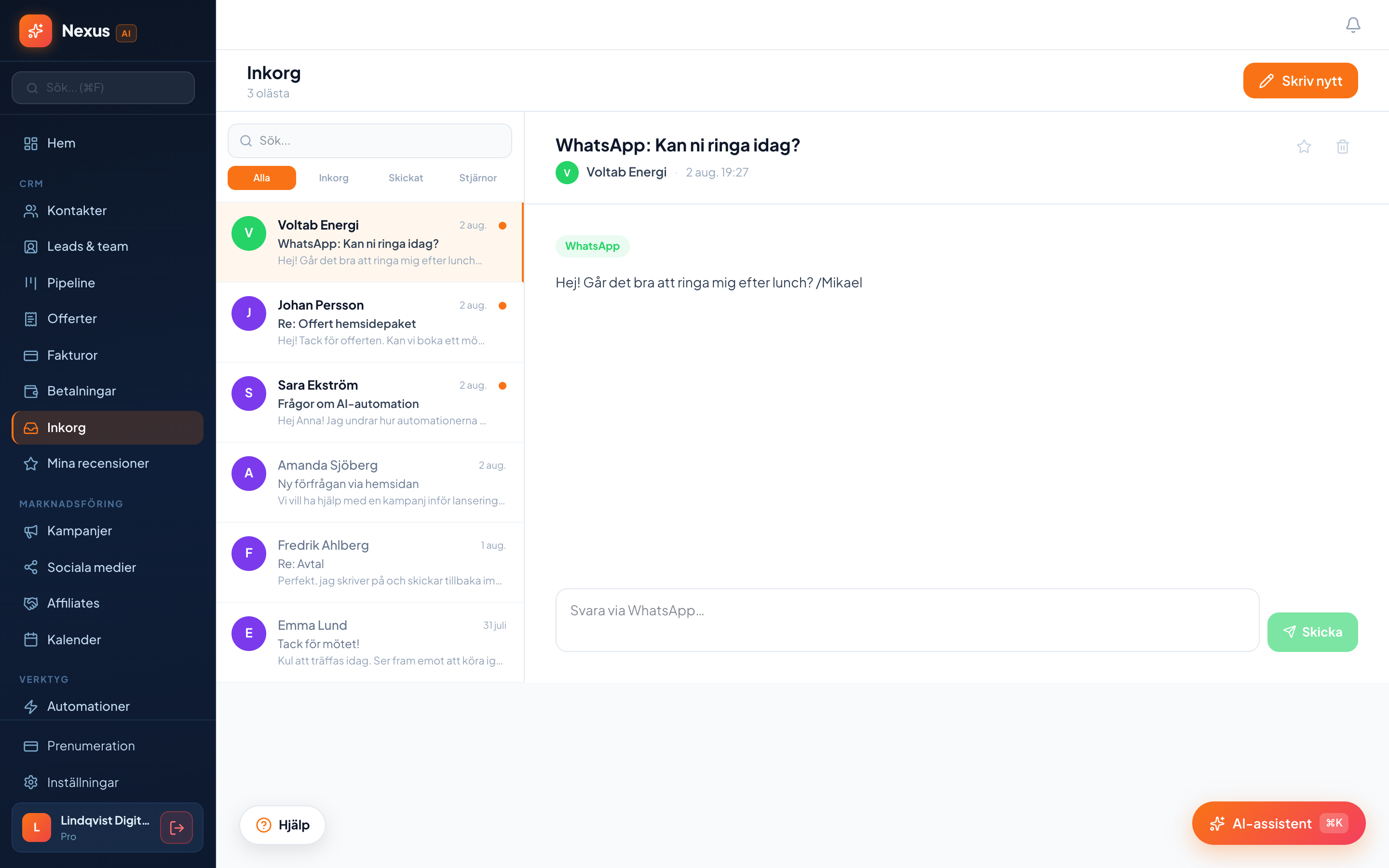 Enad inkorg — e-post, SMS, WhatsApp & Instagram